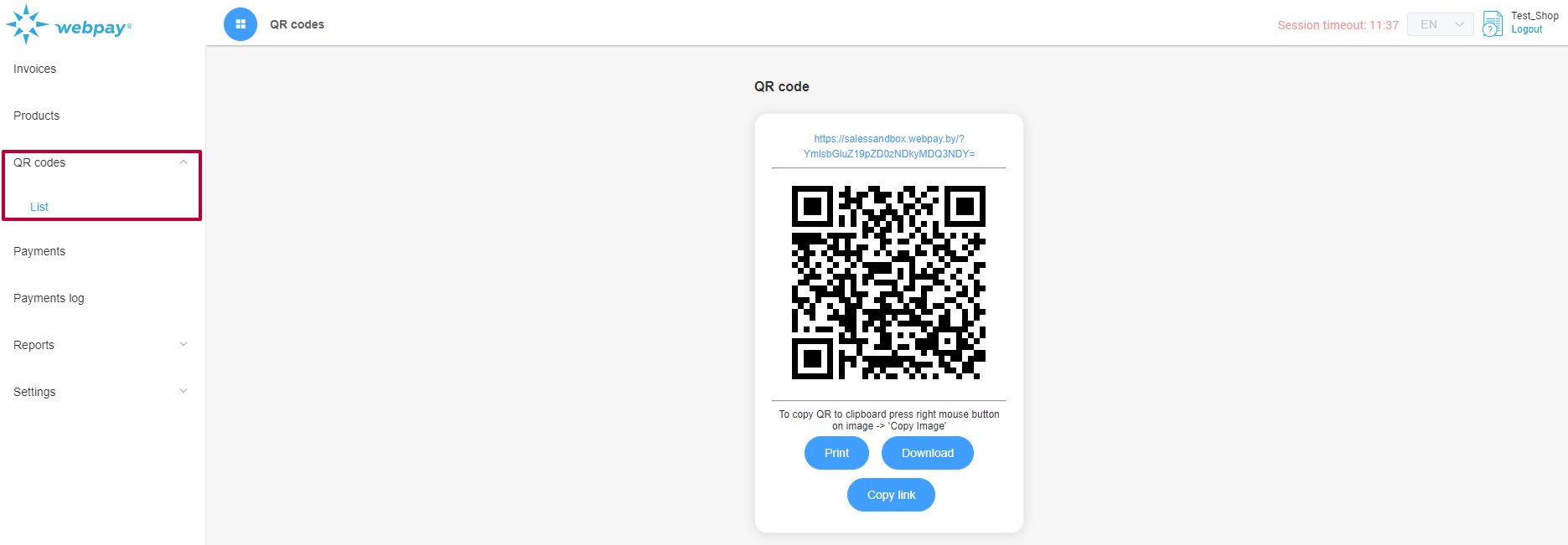 QR codes section