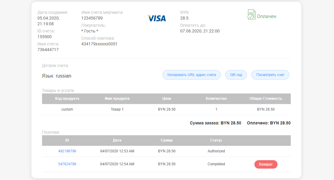 Дополнительная информация о выставленных счетах
