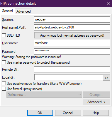 Example of FTP settings