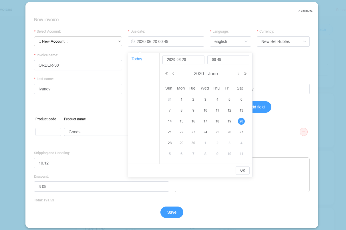 Selecting payment time for invoice