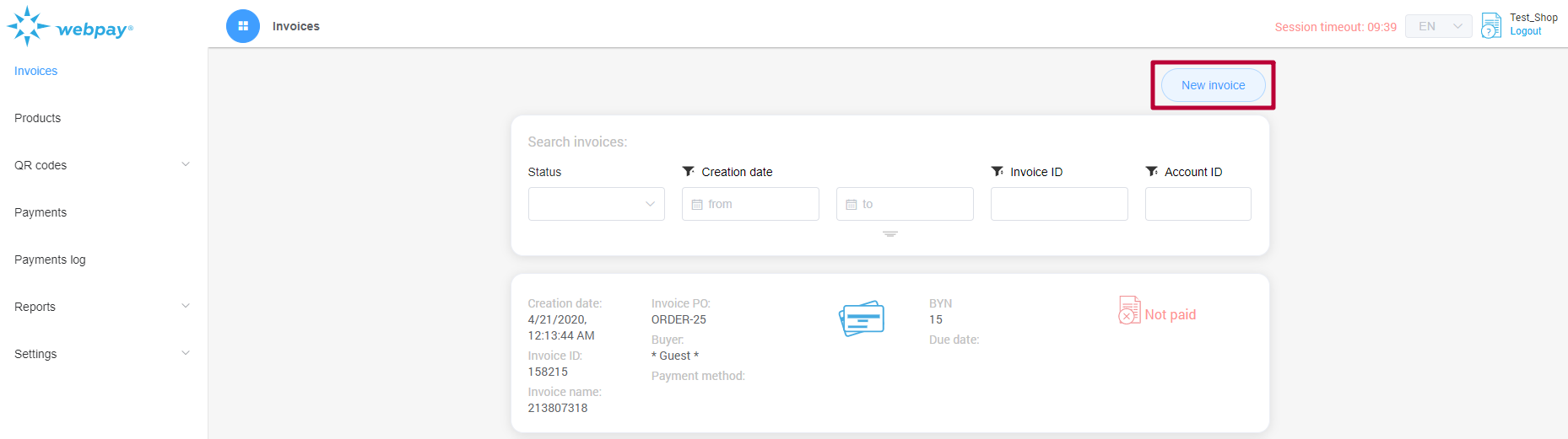 Creating a new invoice