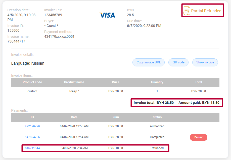 Partial refunded transaction