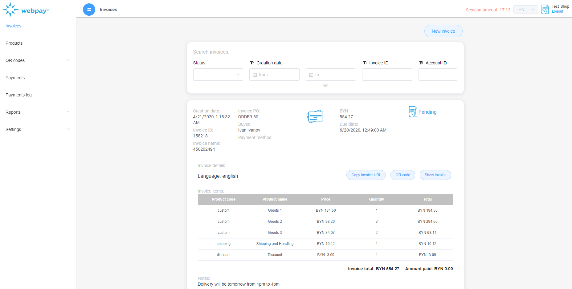 Saved payment invoice