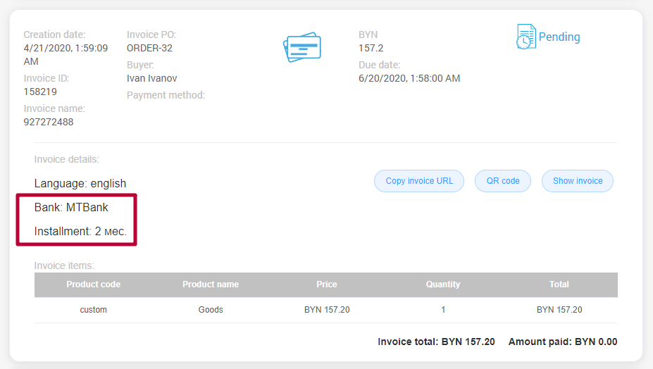 Installment information after payment